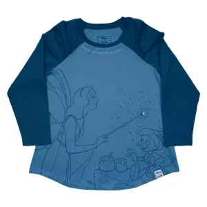 T-Shirt Unisex Loungefly Pinocchio Raglan Blu a Maniche Shirred Taglia M