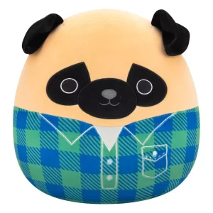 Squishmallows Figurine Morbido Carlino Marrone con Camicia a Quadri Verde e Blu, 30 cm